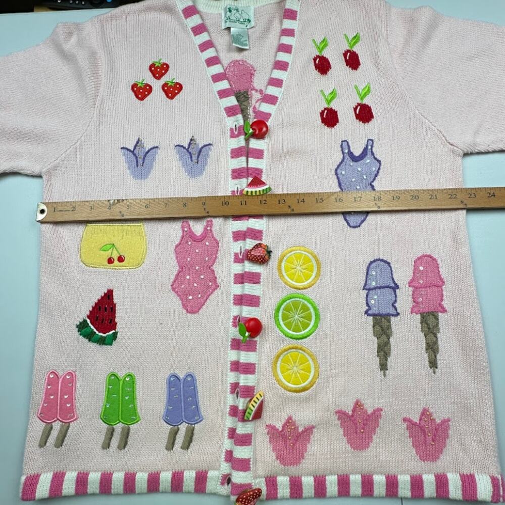 Quacker Factory Sweater Large Pink Fruit Cardigan Short Sleeve Summer Picnic - Picture 9 of 12
